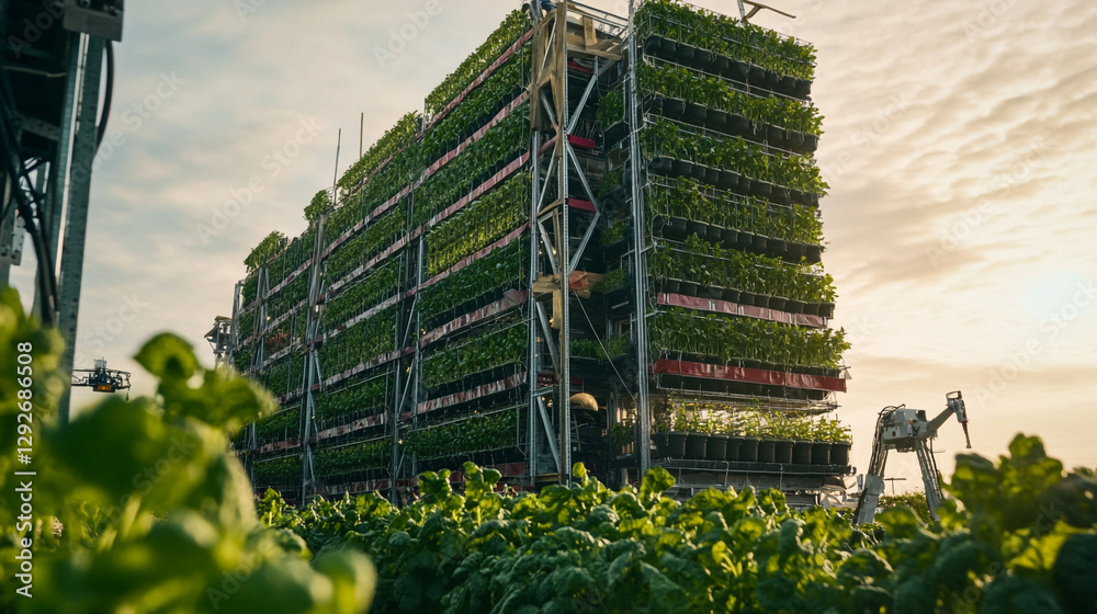 Fototapeta premium Vertical farming system modern agriculture technology green plants growing food crops fresh future