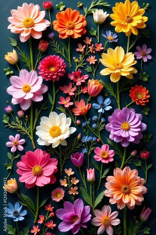Beautiful symmetrical display of healing flowers in assorted colors and shapes, floral, therapy Beautiful symmetrical display of healing flowers in assorted colors and shapes, floral, therapy