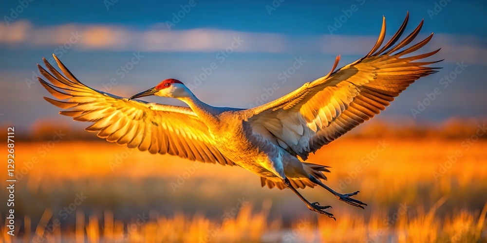 Fototapeta premium Soaring Sandhill Cranes, golden sunrise, rule of thirds composition.
