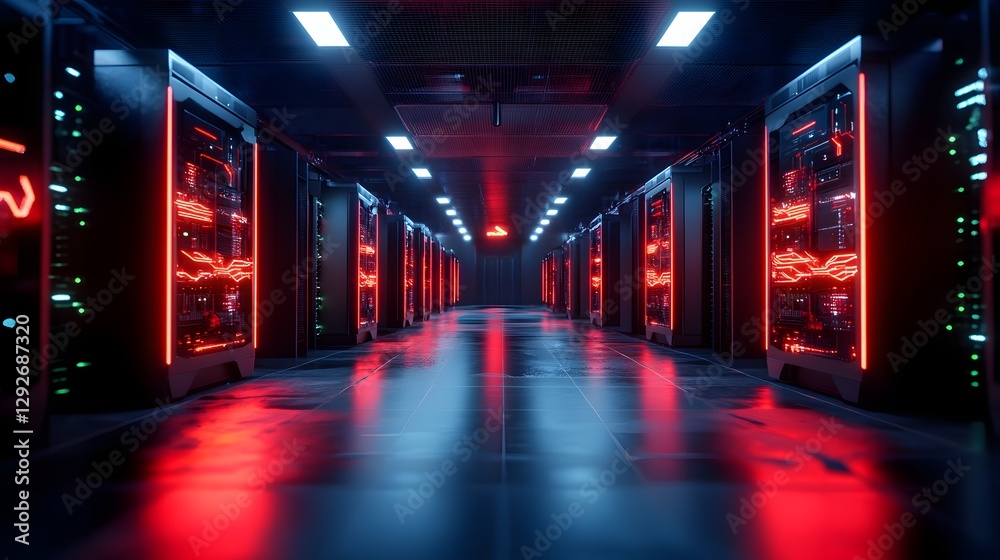 Fototapeta premium a server room with a futuristic and high-tech design, with rows of glowing servers and vibrant red lighting. It has a modern aesthetic, conveying technology and data storage.