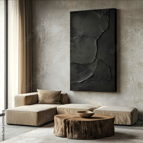 A minimalist black 3d painting on the wall of the living room wall art with abstract aRT a vertical canvas in dark grey wall decor for a modern home interior design