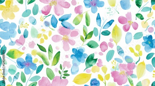 Vibrant Floral Pattern with Watercolor Blooms and Leaves on White Background