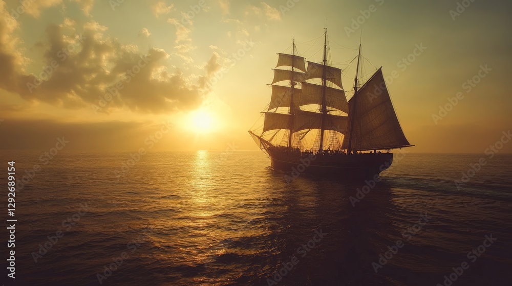 Fototapeta premium Sailboat sailing at sunset on the ocean.