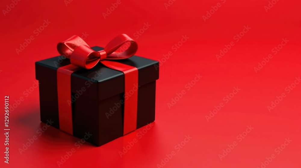 Obraz premium A solitary black gift box adorned with a vibrant red ribbon, elegantly presented against a rich scarlet backdrop.