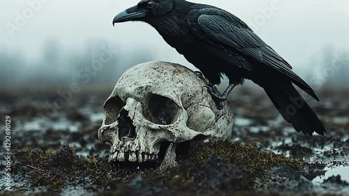 Raven perched on skull, misty field photo