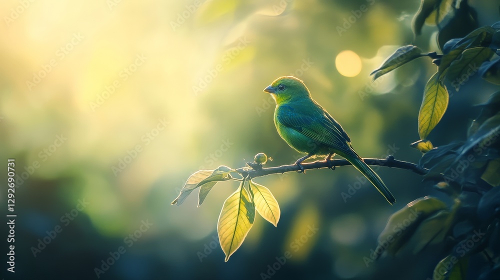 Obraz premium A small bird perched on a branch with the sunlight shining through the leaves.