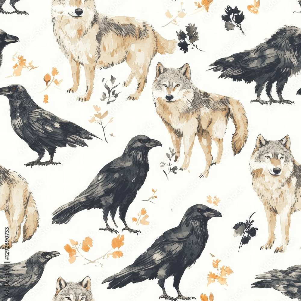 Naklejka premium Intricate pattern featuring black and white wolves and crows in a striking visual composition