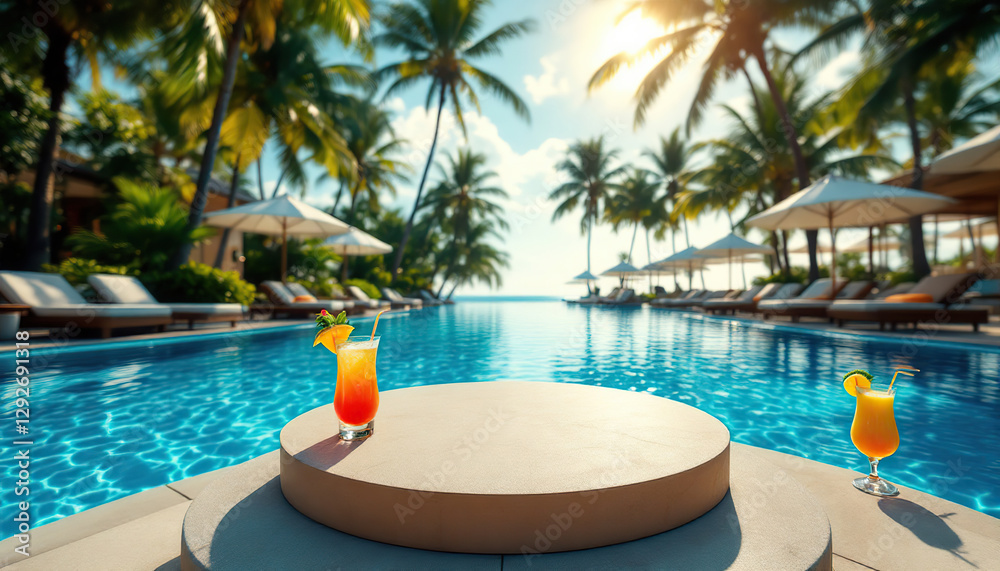 Fototapeta premium Tropical Poolside Cocktails at Sunset Luxury Resort