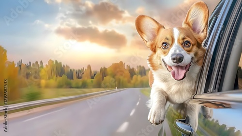 Energetic Corgi Embracing the Joyful Thrill of a Countryside Road Trip Head Out of the Car Window as the Sunlit Landscape Rolls By Capturing the Delight of Travel and Adventure