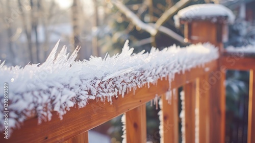 Close-up of frost crystals on a wooden deck railing in winter sunlight.