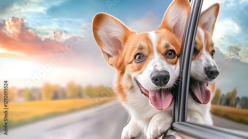 Energetic Corgi Pup Sticking Head Out Car Window Amid Golden Fields and Scenic Blue Skies Capturing the Thrill and Freedom of a Road Trip Adventure
