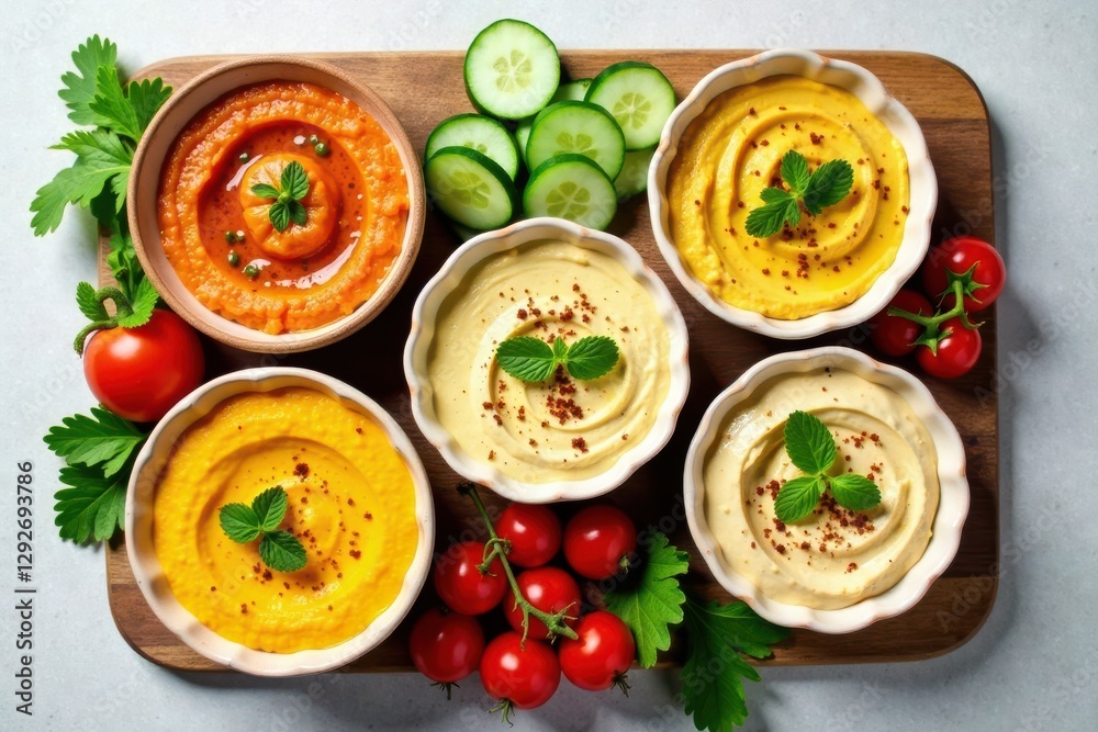 Aromatic Spiced Dips with Fresh Herbs and Cucumber Slices on Wooden Board Aromatic Spiced Dips with Fresh Herbs and Cucumber Slices on Wooden Board