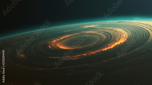 A colossal ringed planet with bioluminescent storms swirling in its thick atmosphere