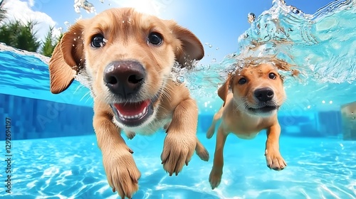 Energetic Puppies Playing an Underwater Chasing Game with Toys Their Fur Floating Weightlessly in a Vibrant Summer Pool Atmosphere