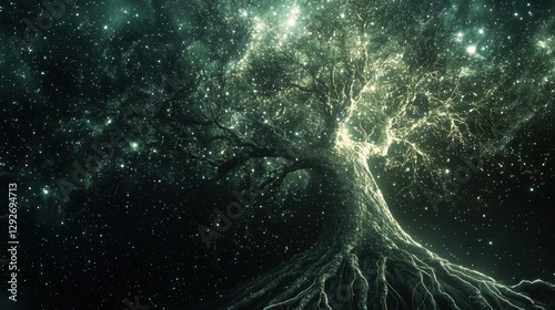 A celestial tree with glowing roots extending into space absorbing energy from the stars