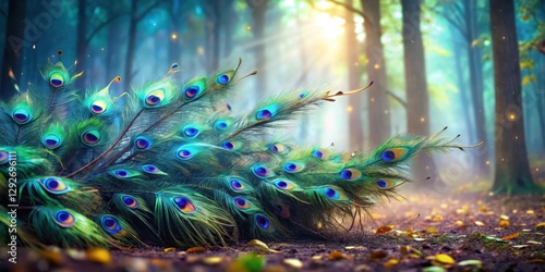 Iridescent peacock feathers scattered on a misty forest floor creating an ethereal atmosphere, vibrant colors, nature background
