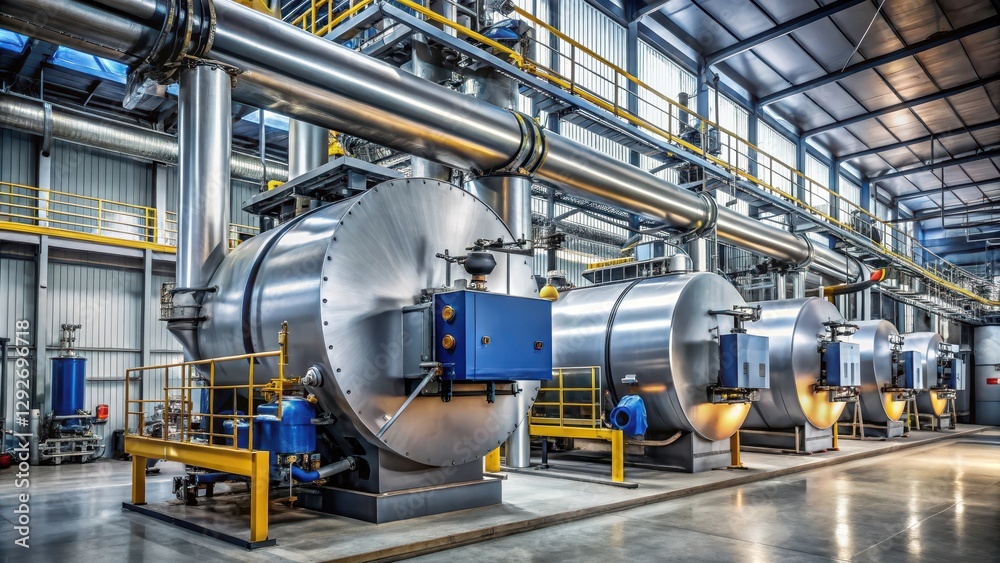 Large natural gas boilers with intricate metalwork, scale industrial Large natural gas boilers with intricate metalwork, scale industrial