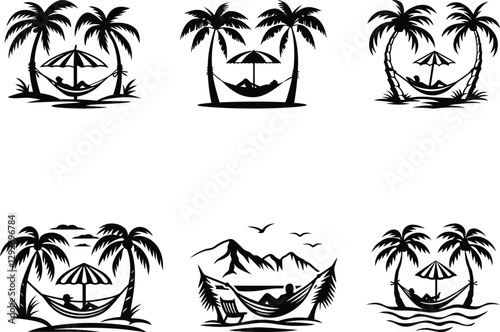 Person relaxing in a hammock under a beach umbrella silhouette and line art isolated vector illustration set