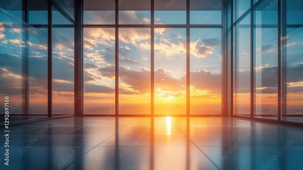 Fototapeta premium Sunset Cityscape View From Modern Office Building
