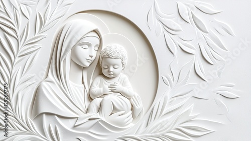 A serene white relief sculpture depicting a mother and child surrounded by delicate foliage.