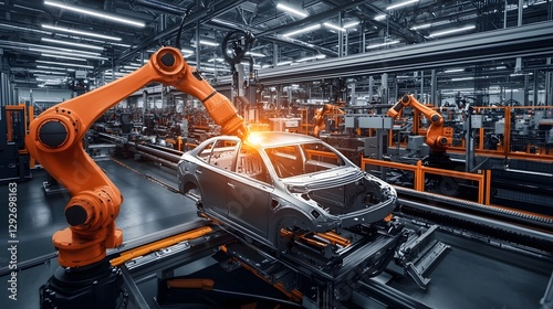 Fully automated automotive production line with robotic arms precisely constructing a car body showcasing advanced machinery and efficient modern vehicle manufacturing processes
