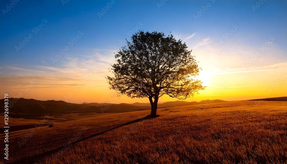 Fototapeta premium Minimalist landscape of a lonely tree at dawn with soft golden hues