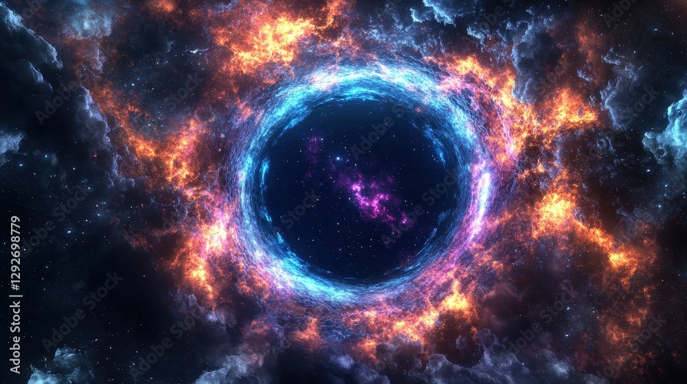 Fototapeta premium A cosmic gateway appears above Earth revealing an interstellar portal of shifting neon hues