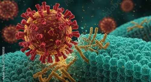 Close-up of coronavirus bacteria plastic model, micro virus and covid-19, HKU5-CoV-2 cell bacteria. Worldwide pandemic and corona outbreak concept