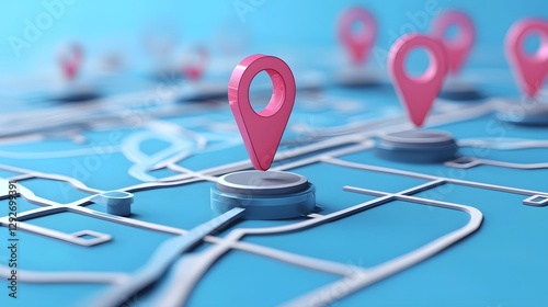 Futuristic 3D map with glowing location pins sleek navigation icons and a digital search interface representing advanced travel and geolocation technology for modern transportation and