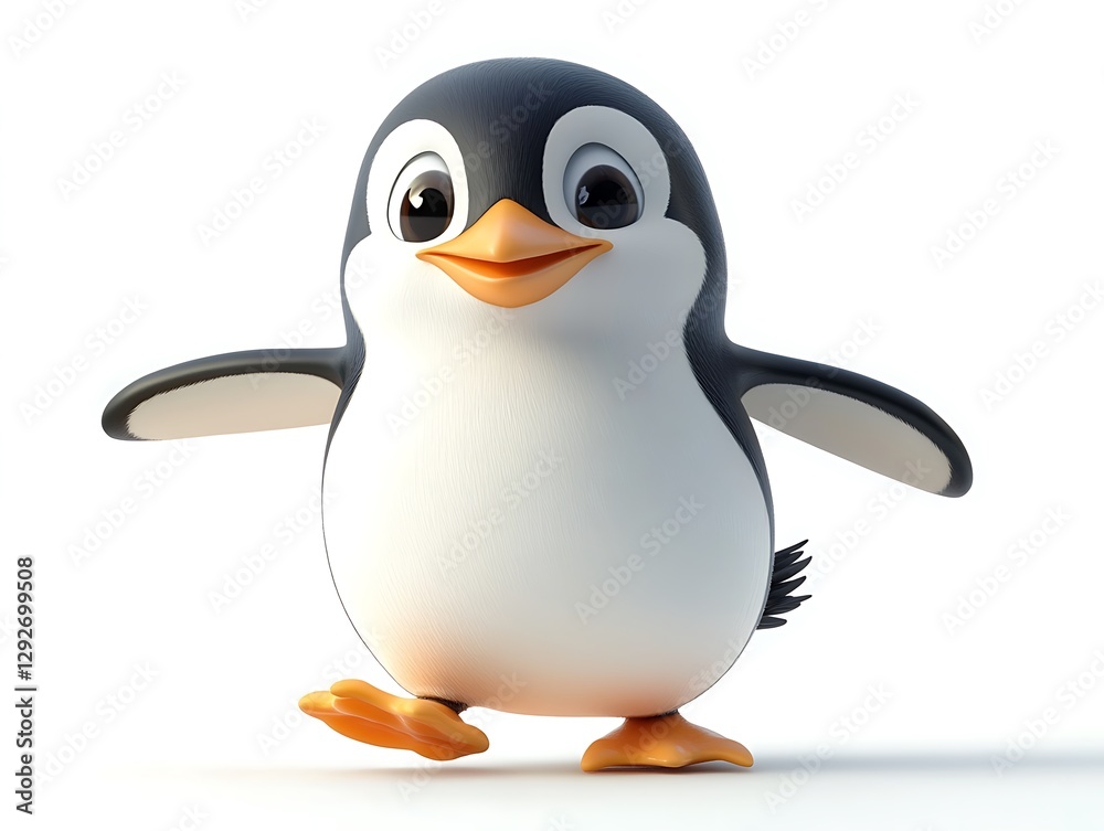 Fototapeta premium Playful penguin character walking on white background for animation use