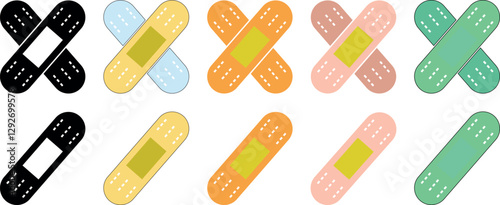 Bandage Icon Set - Colorful Medical Plaster Vector Collection for Healthcare, First Aid, and Wound Care Designs