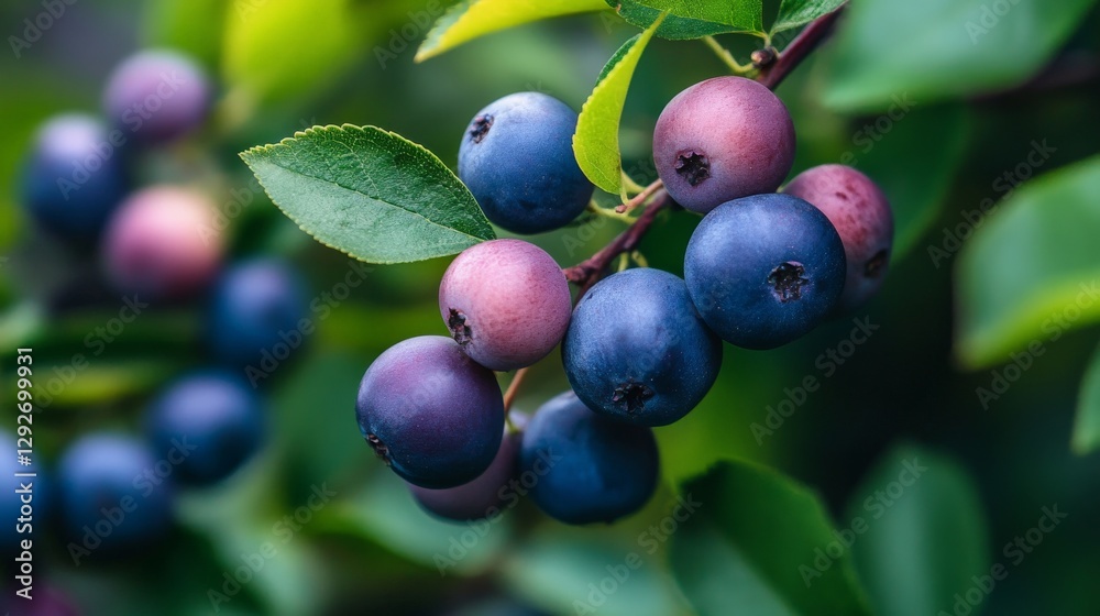 Close up of blueberries on a branch with green leaves.