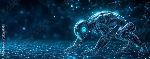 Digital cyborg crouches on a network landscape glowing blue