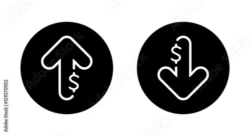 Dollar arrow up and down outline icon on black circle. Increase and decrease USD sign symbol