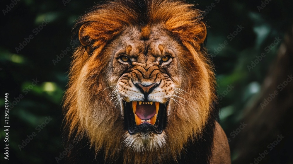 Fototapeta premium A close up of a lion roaring with its mouth open, showing sharp teeth.