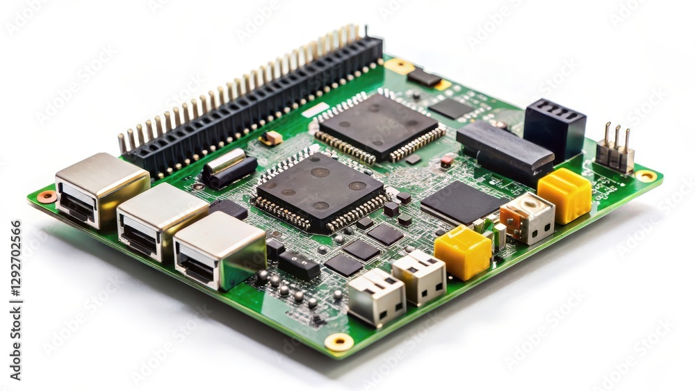 Raspberry Pi single-board computer with various components and wires connected, technology, circuit Raspberry Pi single-board computer with various components and wires connected, technology, circuit
