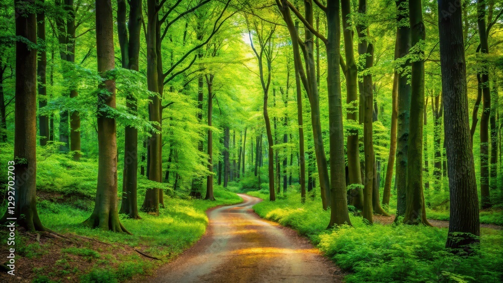 Obraz premium Winding path through lush forest, surrounded by tall trees with vibrant green leaves and a serene landscape