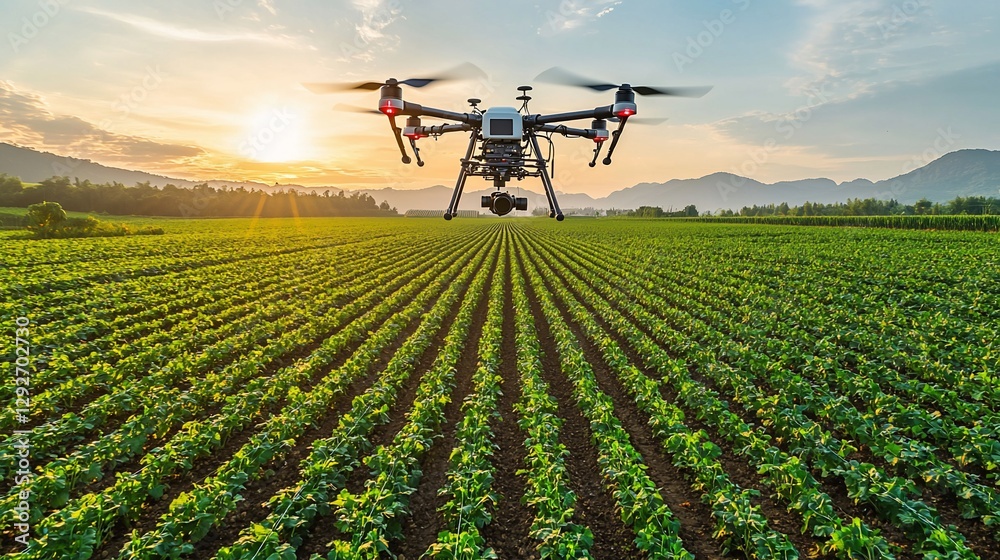 Drone flying over a green field at sunset. Drone flying over a green field at sunset.