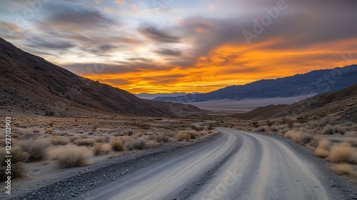 A long, winding dirt road stretches through towering mountain ranges, curving gracefully as it disappears into the distance. photo