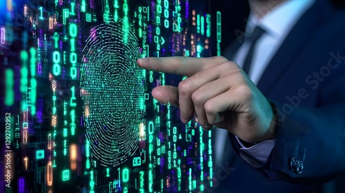 Futuristic biometric fingerprint scanning system used by a businessman to unlock a digital security system with glowing data encryption visuals representing cyber protection and privacy technology