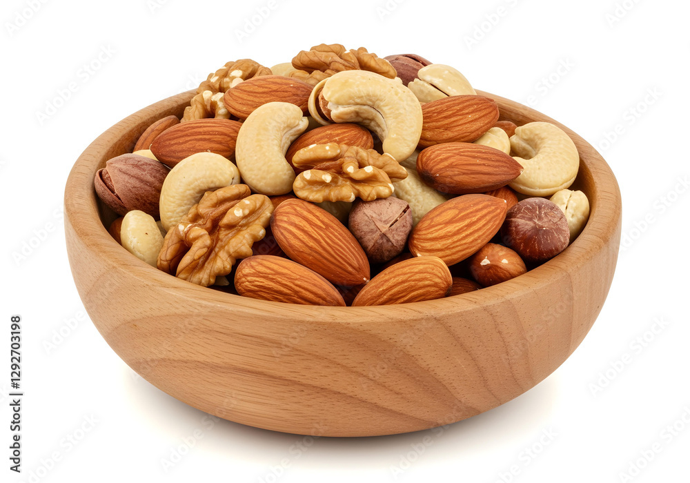 A wooden bowl filled with assorted nuts showcasing their diverse textures and colors. On a white background. A wooden bowl filled with assorted nuts showcasing their diverse textures and colors. On a white background.
