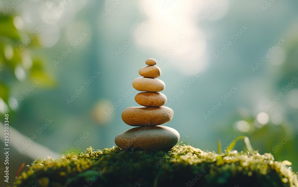 Obraz premium A serene stack of pebbles balanced on moss, symbolizing tranquility and harmony in a natural setting.