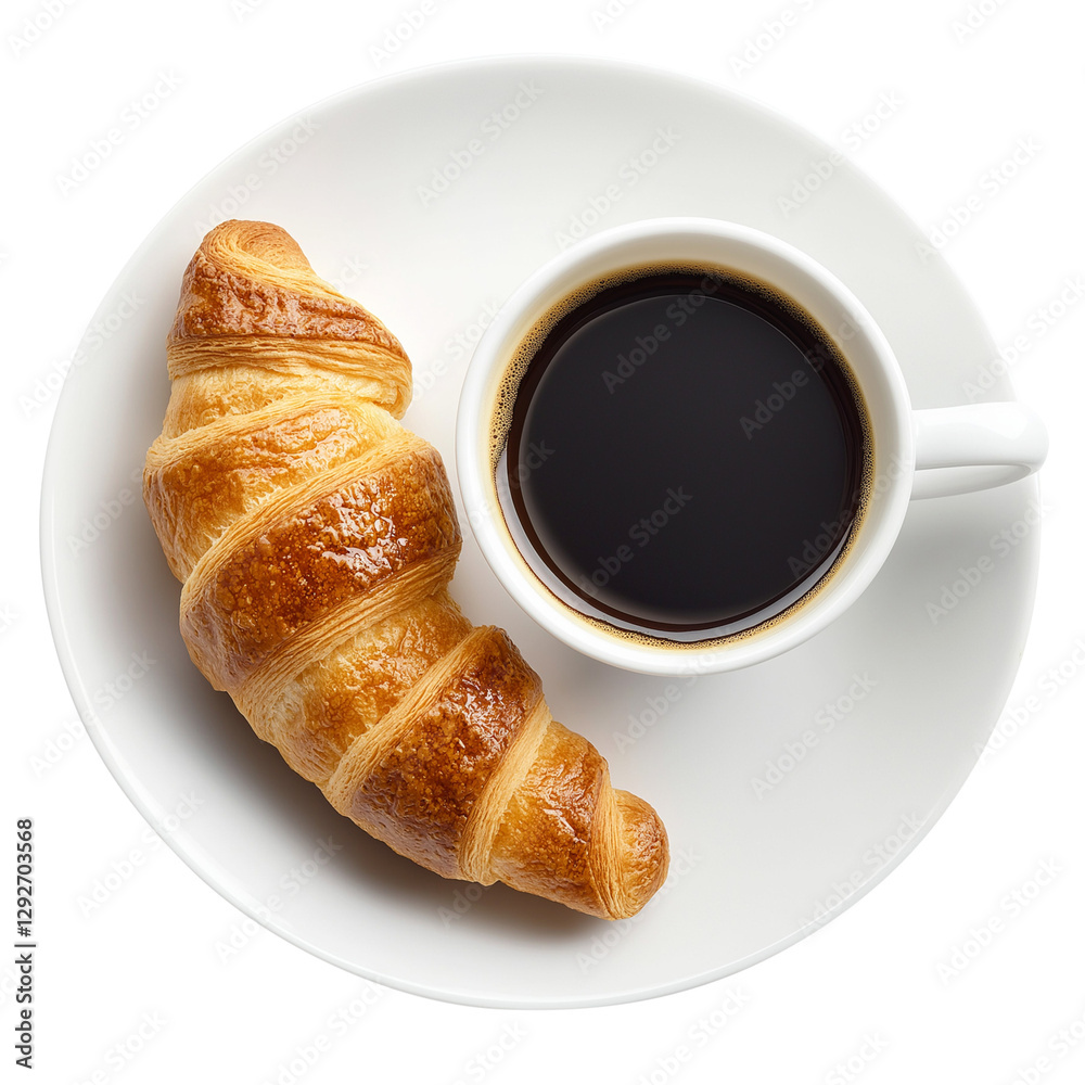 cup of coffee and croissant isolated on transparent white background, clipping path cup of coffee and croissant isolated on transparent white background, clipping path