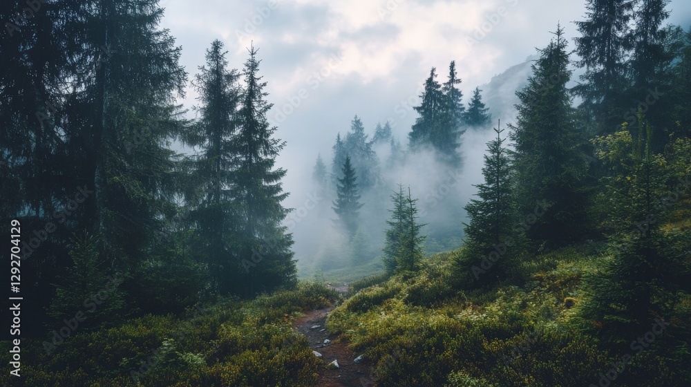 Obraz premium Mysterious misty forest with pine trees