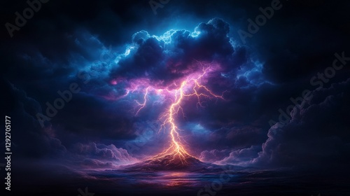 Dramatic volcanic eruption with lightning in a stormy sky