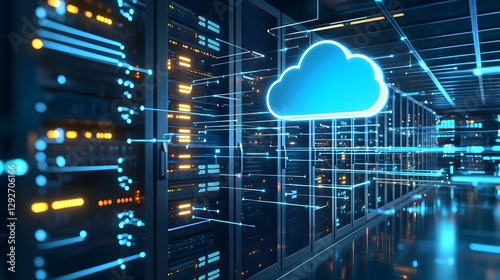 Futuristic data center with endless server racks illuminated circuits and a floating holographic cloud formation above representing modern cloud storage and networking technology concepts