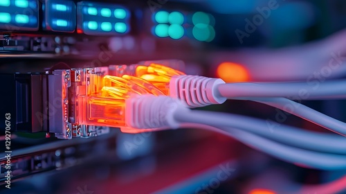 Futuristic data hub with interwoven Ethernet cables linking advanced servers colorful LED indicators pulsing representing seamless global connectivity and digital efficiency in a high tech