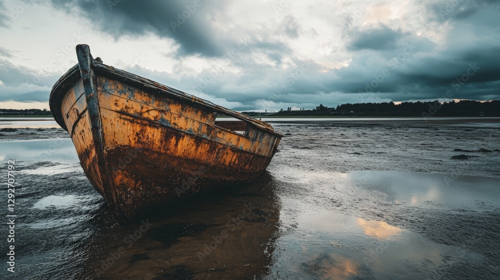 Old boat abandoned on a shoreline with stormy clouds above.