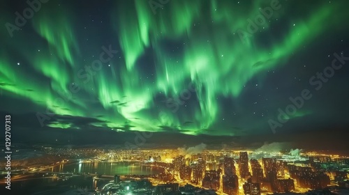 A celestial storm rages above a futuristic city blending auroras with glowing plasma clouds photo