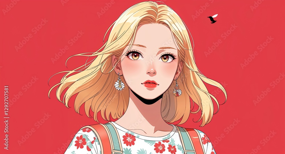 Blonde girl in summer fashion on red bright plain background anime cartoon illustration Blonde girl in summer fashion on red bright plain background anime cartoon illustration